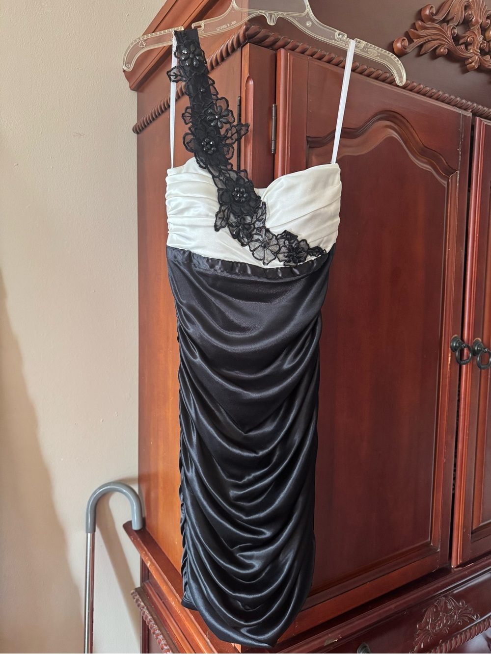 Black Satin One-Shoulder Cocktail Dress with cream Bust and Lace